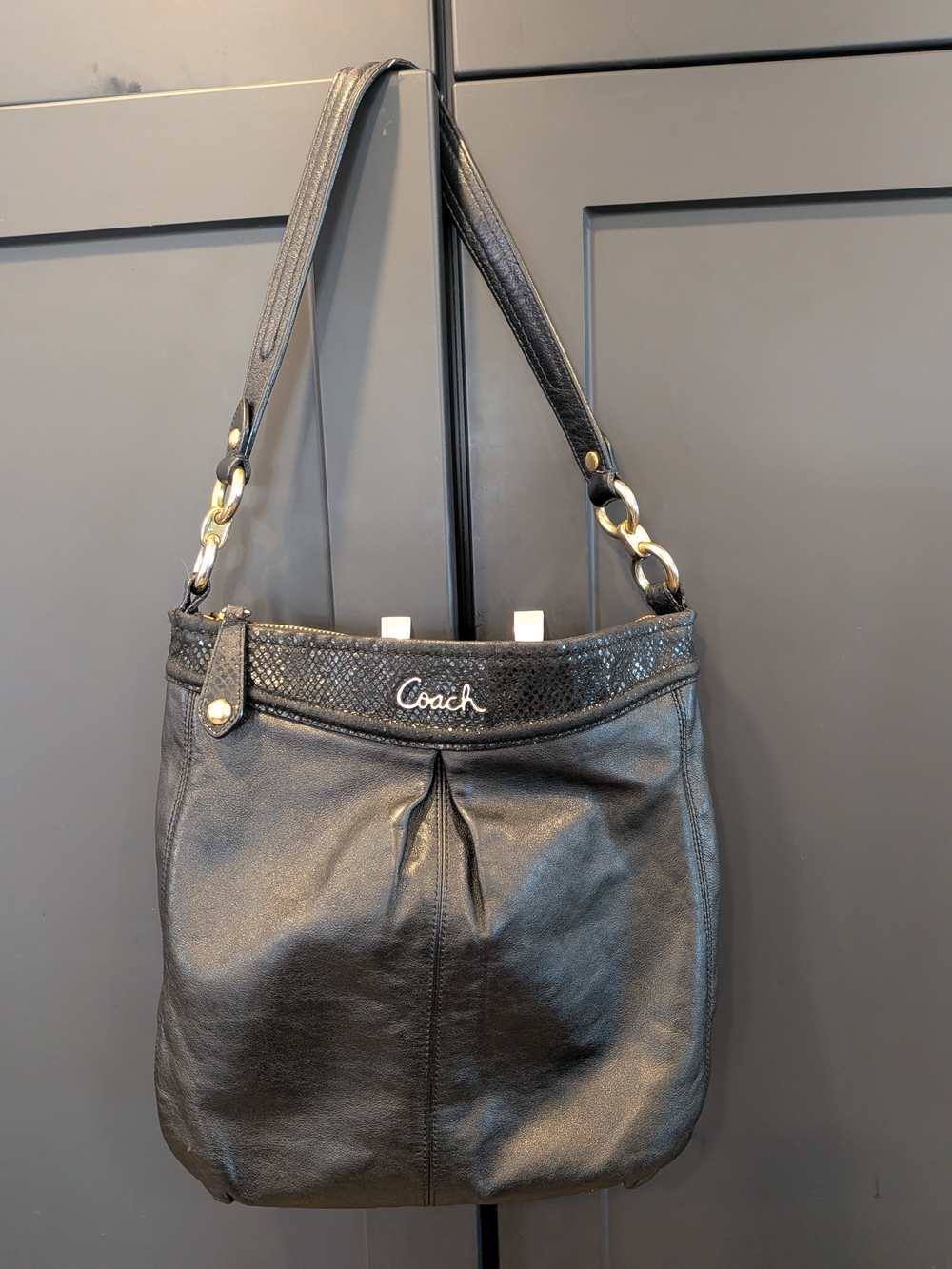 Coach Ashley Leather Hobo Black Leather Shoulder Bag with Gold Accents